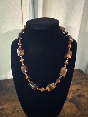 Vintage 17 Inch Tigers Eye Necklace with Metal Spacer Beads Artisan